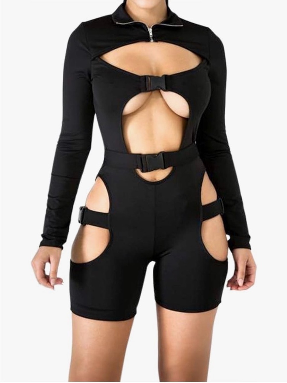 Cyberpunk Rave Cutout Buckle Romper Black OS